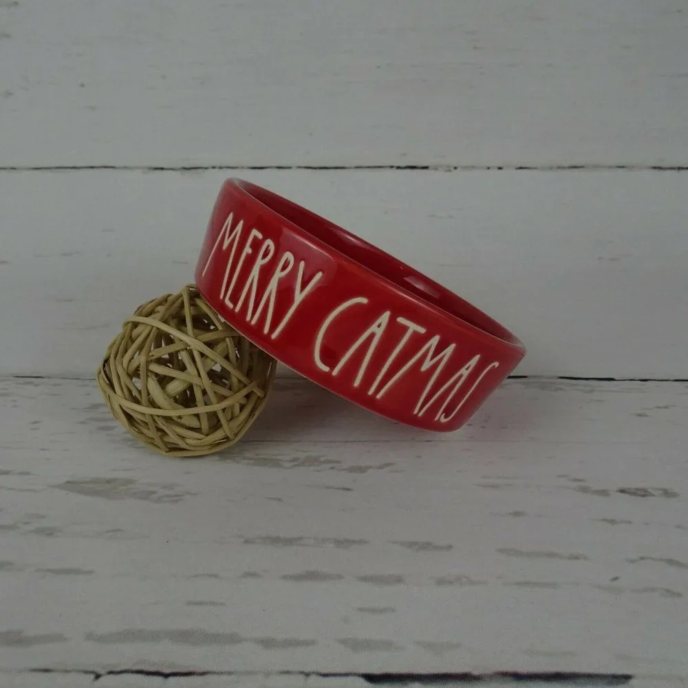 New Rae Dunn "Merry Catmas" Cat Pet Dish Feeding Bowl Red Farmhouse Ceramic - Picture 2 of 8
